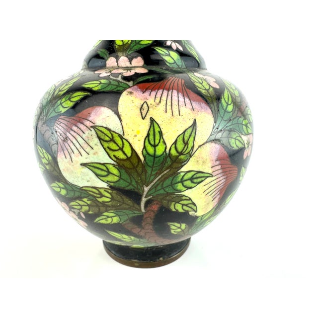 Vintage Cloisonné Floral Vase With Black Ground and Cherry Blossom Motif For Sale - Image 4 of 14