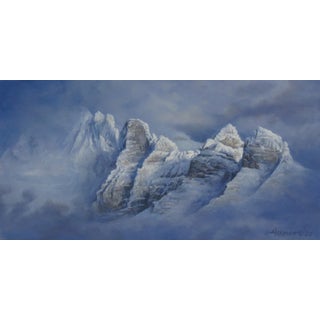 Sunlit Heights by Rob Alexander | Oil on hardwood panel Snow-covered mountain peaks under sunlight. For Sale