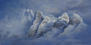 Sunlit Heights by Rob Alexander | Oil on hardwood panel Snow-covered mountain peaks under sunlight.