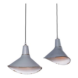 Industrial Grey Benjamin Crysteel Enamelled Parabolic Lamps, 1950s, Set of 2 For Sale