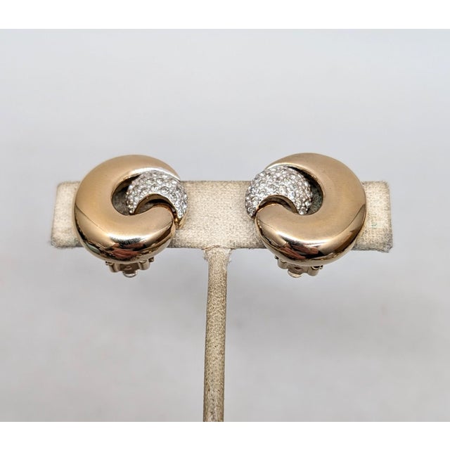 1960s Vintage 1960s Signed Panetta Goldtone Pavé Round Clear Rhinestone Clip Earrings-2 Pieces For Sale - Image 5 of 7