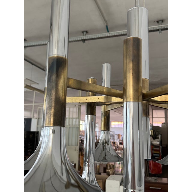 Large Italian Chrome and Brass Trumpet Chandelier attributed to Lumi Milano, 1970s For Sale - Image 18 of 18
