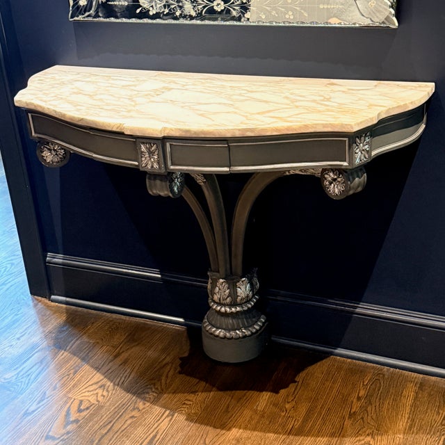 English Hollywood Regency Demilune Marble Top Console Found on 1st Dibs, this English console features a heavily veined...