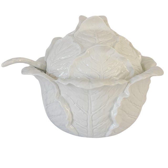 Mediterranean Rare Vintage Fitz and Floyd White Cabbage Leaf Soup Tureen With Asparagus Ladle For Sale - Image 3 of 12