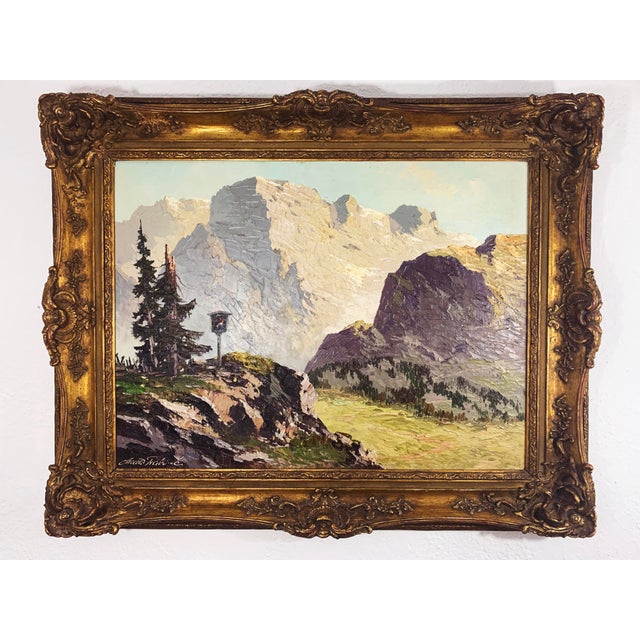 Large Mountain Scene Oil Painting In Gilt Frame Chairish