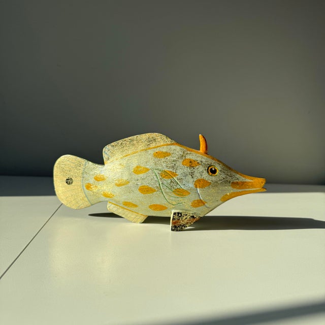 Mid-Century Modern Mid 20th Century Hand Painted Blue and Gold Brushed Wood Triggerfish Decoy For Sale - Image 3 of 8