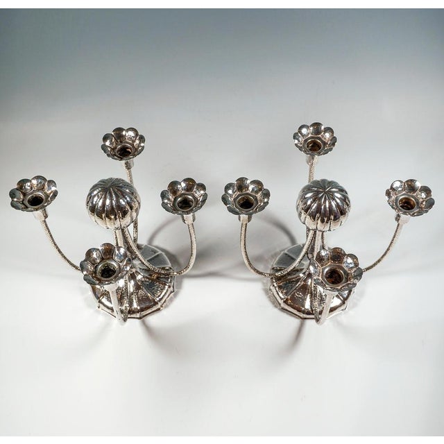 1930s Viennese Art Deco 4-Light Silver Candelabras with Martelé Decor, 1930, Set of 2 For Sale - Image 5 of 13