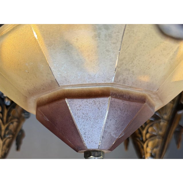 Art Deco 1930s Mid-West Mfg. Soleure Series Art Deco 6-Light Slip Shade Chandelier in Cast Bronze For Sale - Image 3 of 15