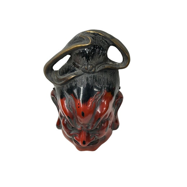Vintage Asian Black Red Lacquer Demon Guardian Wood Mask Display Art For Sale In San Francisco - Image 6 of 9
