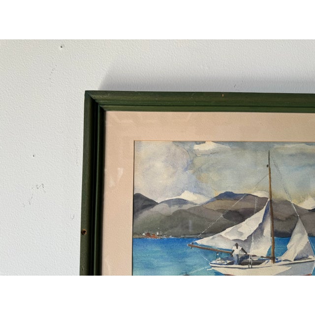 1970's Vintage Watercolor Fishing Boat Nautical Landscape Painting, Framed For Sale In Miami - Image 6 of 11