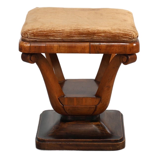 Art Deco Walnut Stool with Fabric, Italy, 1920s For Sale