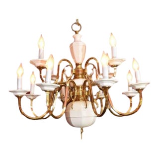 1970s Georgian Candle-Style 2-Tier Polished Brass White Porcelain Chandelier For Sale