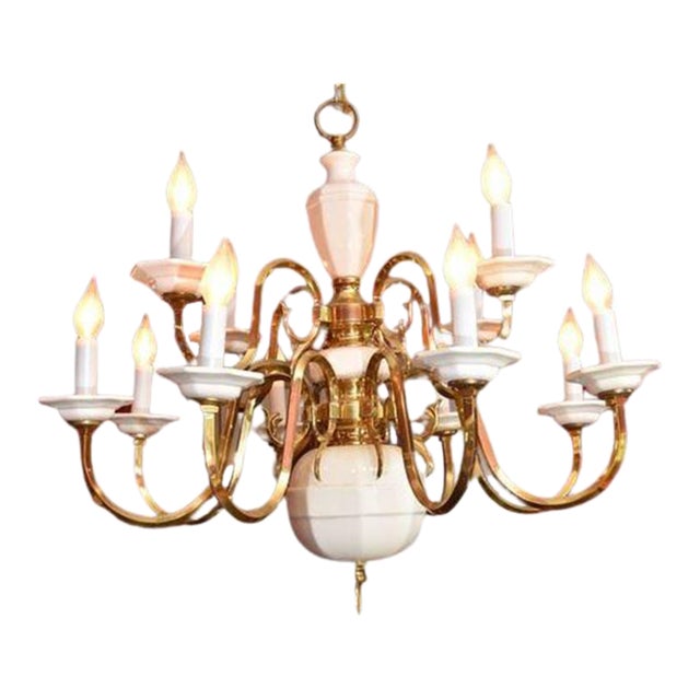 1970s Georgian Candle-Style 2-Tier Polished Brass White Porcelain Chandelier For Sale