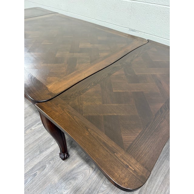 Wood Vintage French Provincial Louis XV Style Parquetry Top Draw Leaf Dining Table For Sale - Image 7 of 13