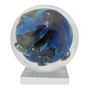 Josh Simpson Inhabited Planet Earth Art Glass Marble Paperweight & Display Stand