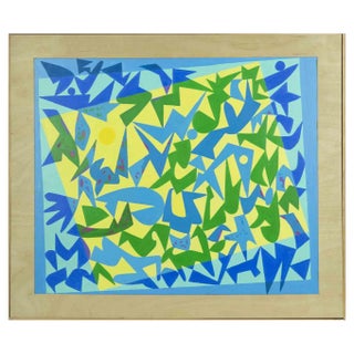 Leo Guida, Abstract in Yellow and Blue, Tempera on Plywood, 1970s For Sale