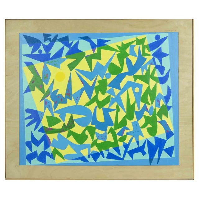 Leo Guida, Abstract in Yellow and Blue, Tempera on Plywood, 1970s For Sale