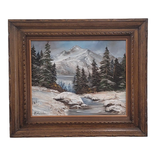 1980s Forest & Snow Capped Mountain, Vintage Oil Painting Melville 28" For Sale