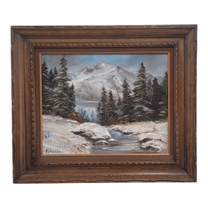 1980s Forest & Snow Capped Mountain, Vintage Oil Painting Melville 28"