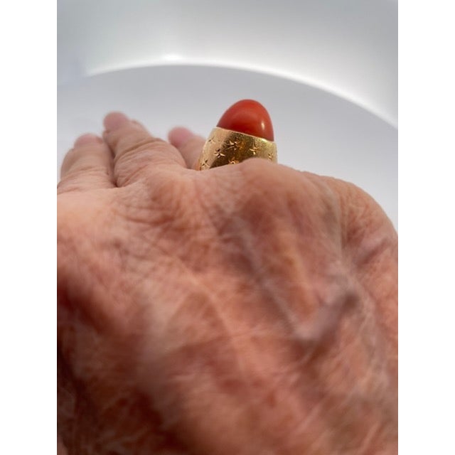 Gemstone 1940s Yellow Gold Mediterranean Coral Cocktail Ring, Unique Design, Size 6.5 For Sale - Image 7 of 8