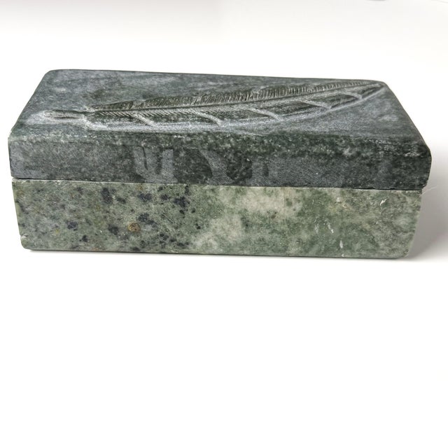 Vintage Hand-Carved Green Soapstone Feather Lidded Box For Sale In Raleigh - Image 6 of 10