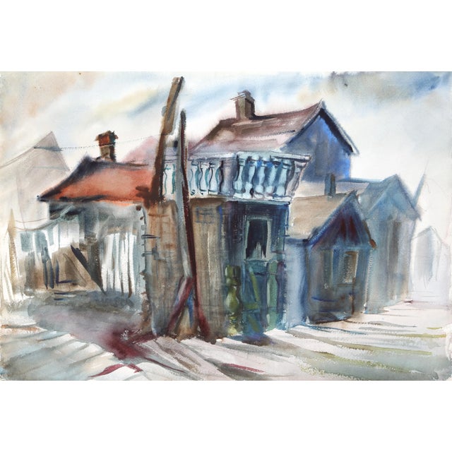 Viewed from the corner, Eve Nethercott's rendering of several houses alongside a boardwalk is filled with character and...