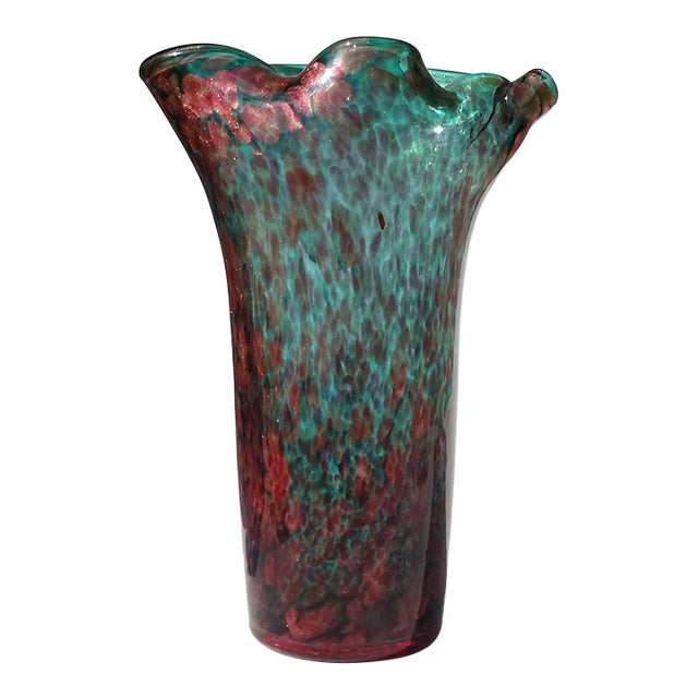 Vintage Murano Fratelli Toso Copper Red Aventurine Amethyst Green Italian Art Glass Flower Vase For Sale