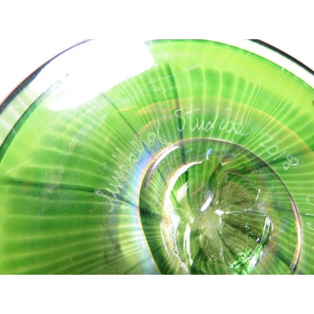 Signed Lundberg Studios Magnolia Pulled Feather Leaf Art Glass Vase Iridescent For Sale - Image 16 of 16