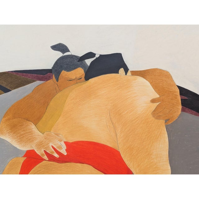 Phyllis Steele Modern Colorful Pastel Drawing of a Pair of Competing Sumo Wrestlers in Red, 20th Century For Sale - Image 10 of 11