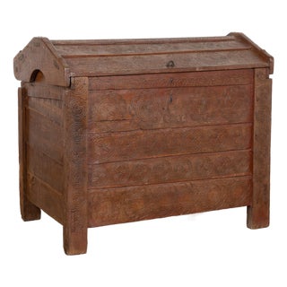 19th Century Oak Dome Top Trunk With Carved Details From Hungary For Sale