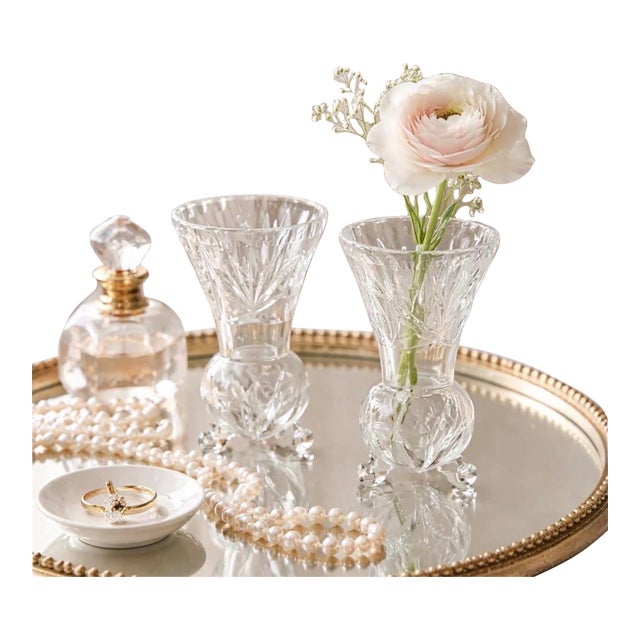 Vintage Cut Crystal Bud Vases, Pair of Footed Crystal Decorative Objects, Starburst Cut Glass, Vanity or Shelf Styling For Sale