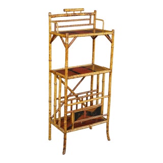 Antique English Victorian Scorched Bamboo Etagere Bookcase Canterbury Whatnot For Sale