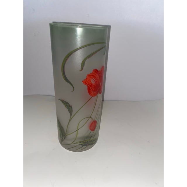 Early 20th Century Art Style and Nouveau Vase . Large Early 20th Century Art Nouveau Green Cylinder Frosted Glass Vase With Floral Motif For Sale - Image 5 of 12
