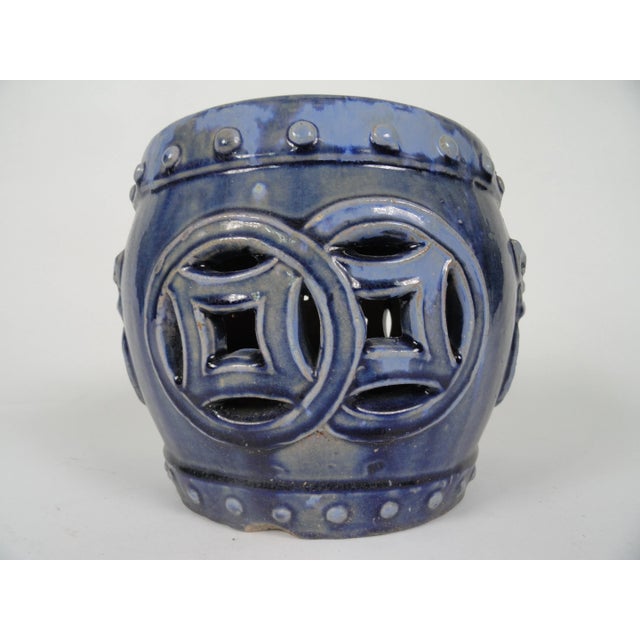 19th century blue decorative small garden seat, measures 8" high. Glazed finish.