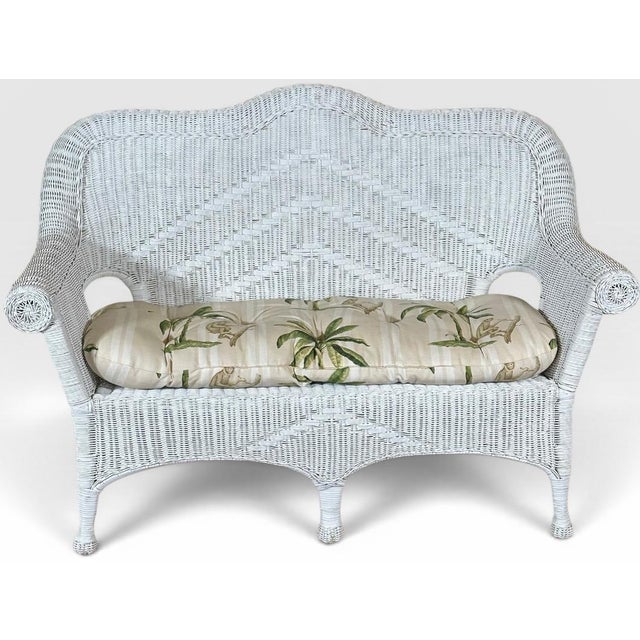 Hollywood Regency Vintage Palm Beach Regency White Wicker Camelback Settee Loveseat For Sale - Image 3 of 18