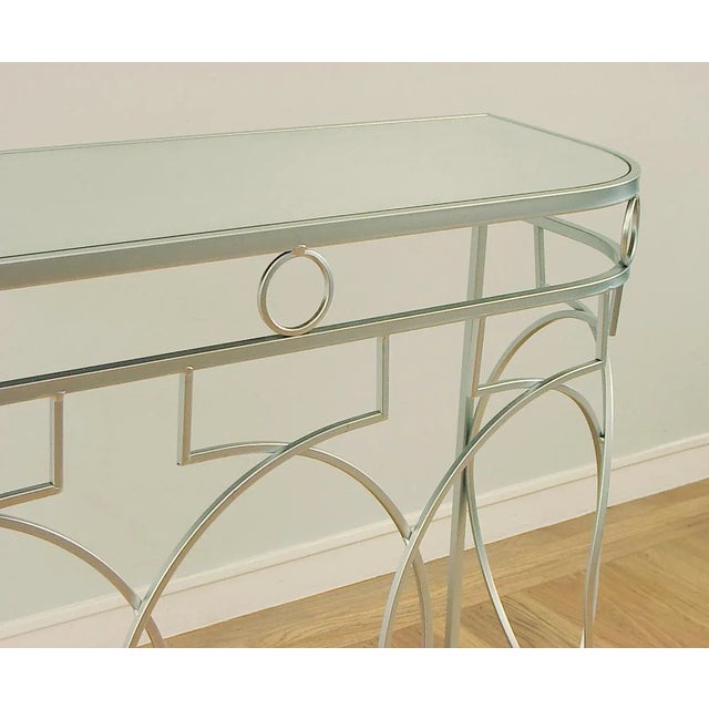 Art Deco Art Deco/Moderne Styled Mirror-Topped Metal Console Table, Nickel in Color For Sale - Image 3 of 5