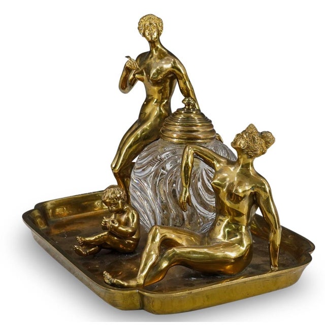 Early 19th Century Antique Gilt Bronze & Glass Figural Inkwell Sign For Sale - Image 5 of 10