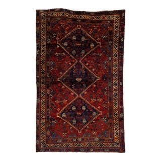 Vintage Shiraz Hand-Knotted Wool Rug in Red With Tribal Pattern For Sale