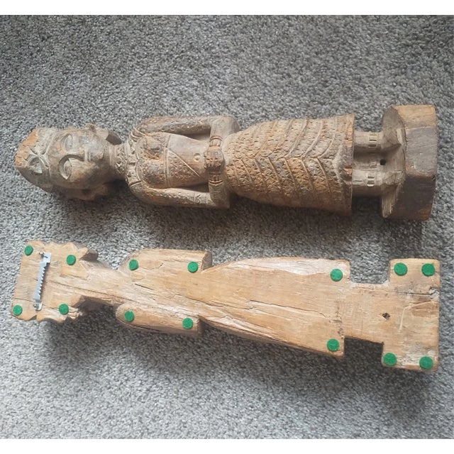 Pair, Vintage Antique Hand-Carved Wood Female Figures Temple Statue Sculpture 15" For Sale - Image 13 of 15