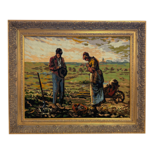 Vintage Rustic Farmhouse Framed Needlepoint Tapestry, The Angelus Inspired Embroidery Art in Ornate Gold Frame Wall Decor