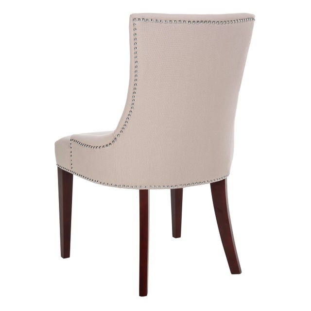 2020s 19''H Linen Dining Chair With Silver Nailheads in Taupe & Cherry Mahogany For Sale - Image 5 of 11