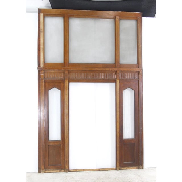Brown Mid 20th Century Large Door Frame With Textured Glass & Etched Glass Side Lites For Sale - Image 8 of 12