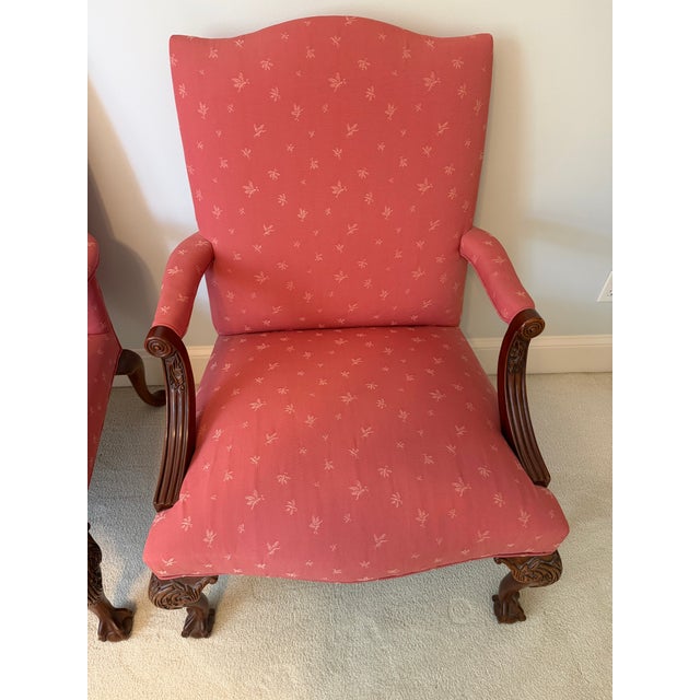 Beautiful matching pair of Hickory Chair Gainsborough armchairs with carved solid mahogany frames and original factory...