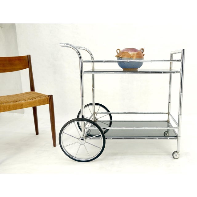 Italian Chrome Faux Bamboo Smoked Glass Two Tiers Serving Cart Bar Table MINT For Sale - Image 11 of 11