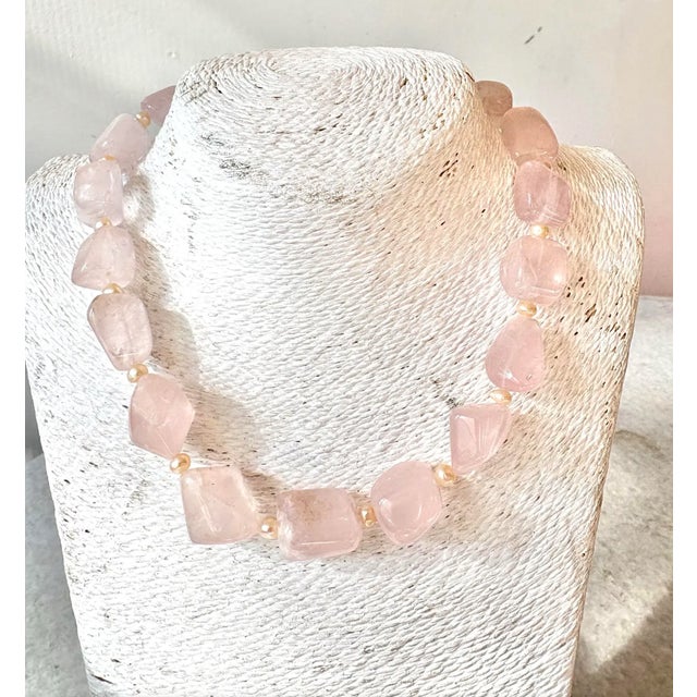 Chunky 18" Vintage Rose Quartz Beaded Necklace With Freshwater Pearl Spacers and Sterling Silver Clasp For Sale - Image 4 of 4
