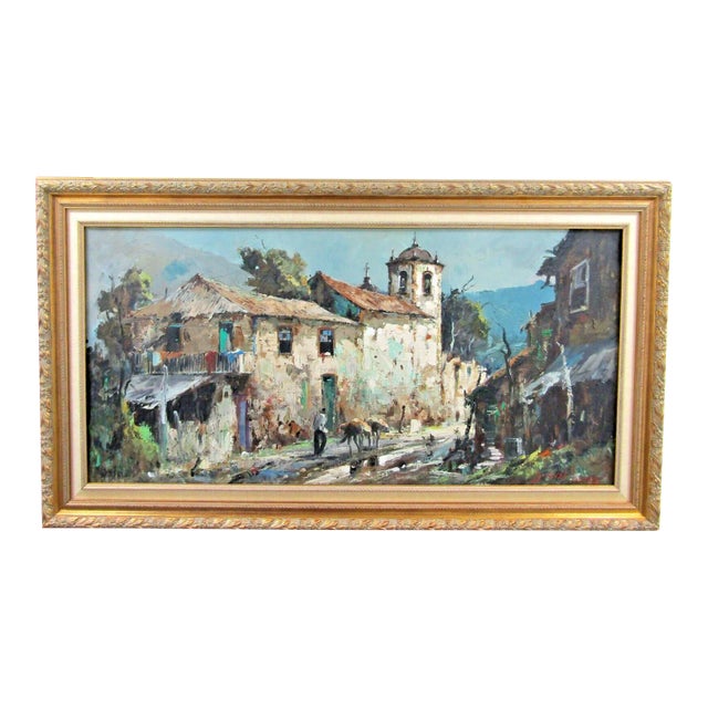 Vintage Durval Pereira Oil Painting Village Church Scene Brazil 47.5 X 23 Signed For Sale