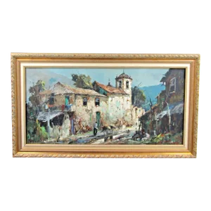 Vintage Durval Pereira Oil Painting Village Church Scene Brazil 47.5 X 23 Signed