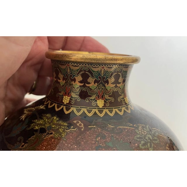 Metal Exceptional Antique Japanese Cloisonné Vase – Brown Gold Fleck (Aventurine) Dragon Motif – Meiji Period Artistry For Sale - Image 7 of 15