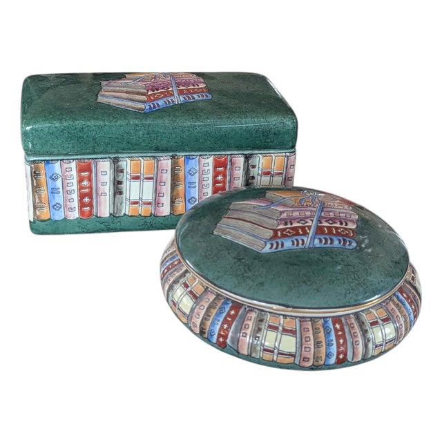 Vintage Maitland Smith Style Stacked Book Ceramic Keep All Boxes- A Pair For Sale