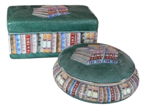 Vintage Maitland Smith Style Stacked Book Ceramic Keep All Boxes- A Pair